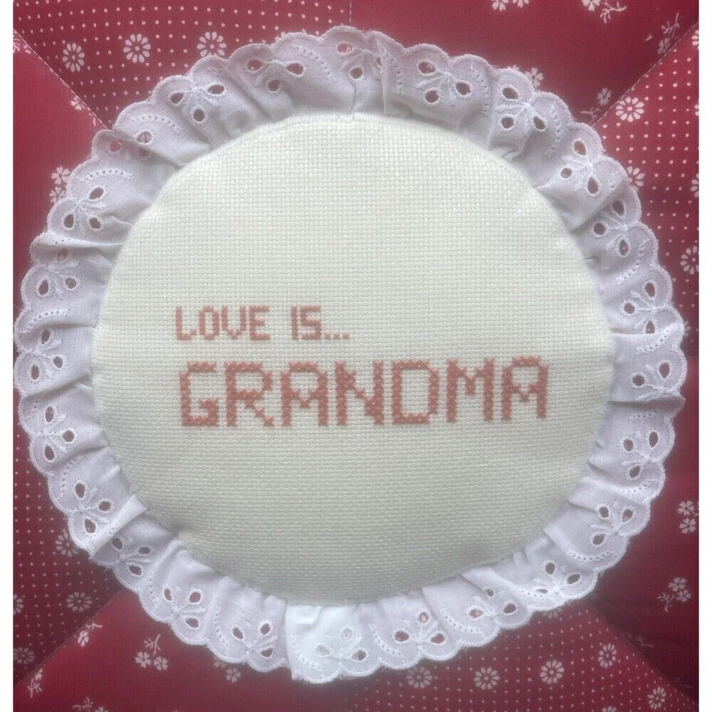 VTG Round Cross Stitch LOVE IS GRANDMA Quilted Lace Reversible Pillow‎ 18”